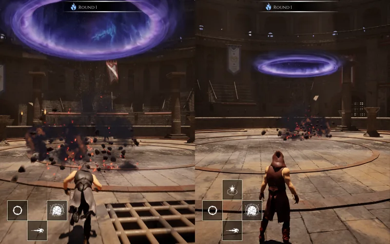 Split screen: a dark burst of magic tears through the arena.