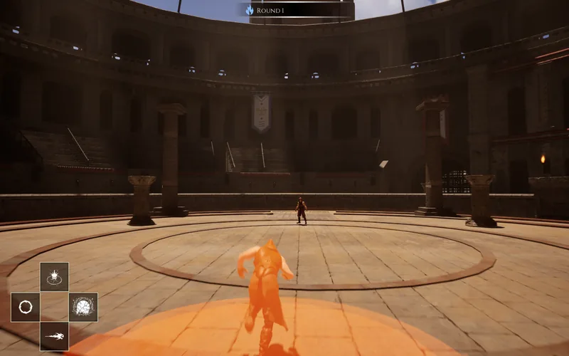A sorcerer wreathed in glowing orange light dashes across the arena floor.
