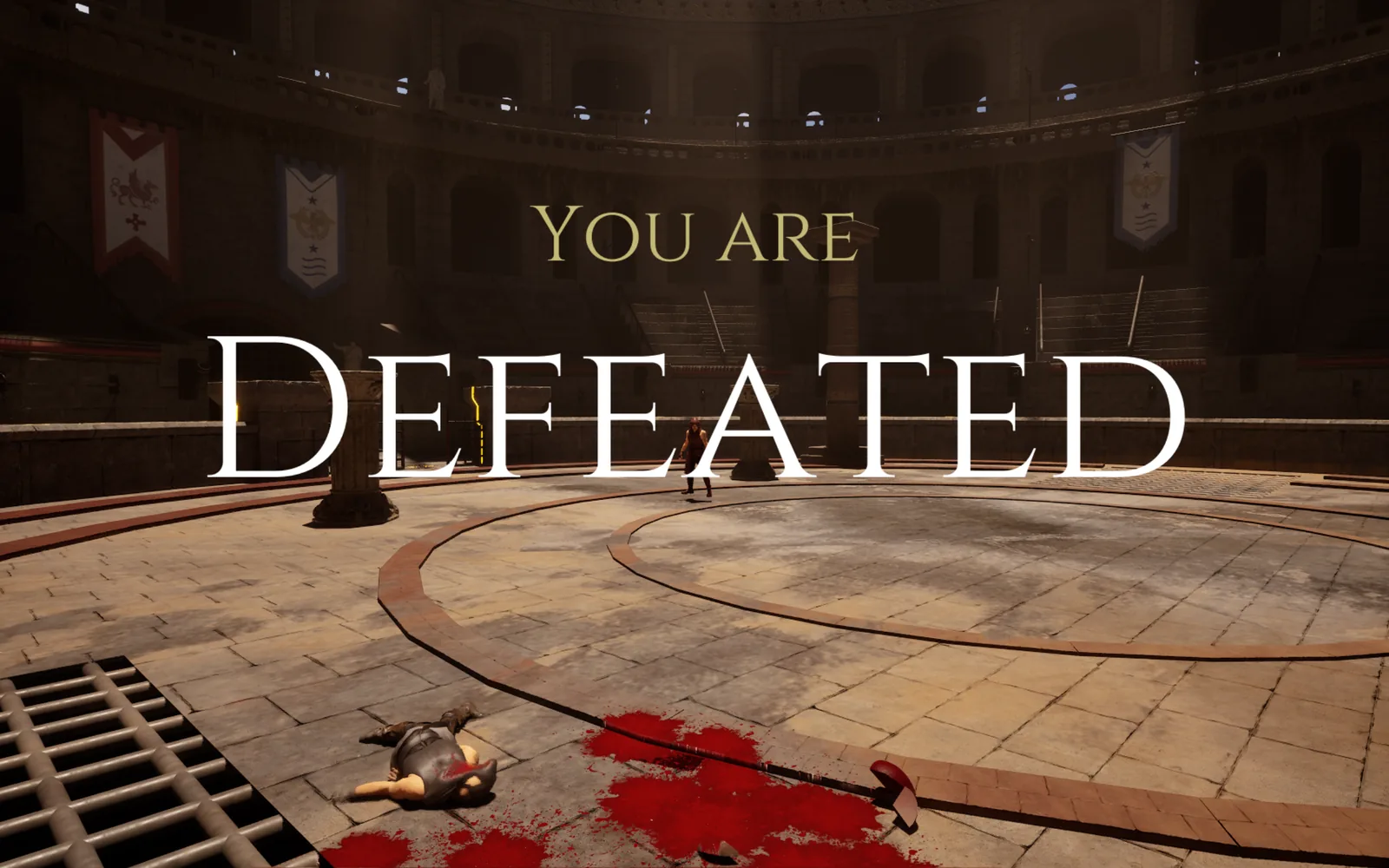 The words You Are Defeated over a fallen sorcerer in the arena.