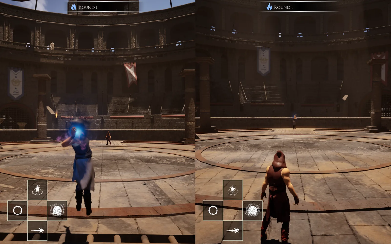 A split-screen match: one player charges a frost spell while the other watches from across the arena.