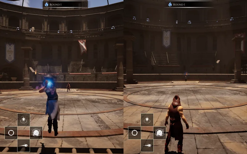 Split screen: one player charges a frost spell while the other waits across the arena.
