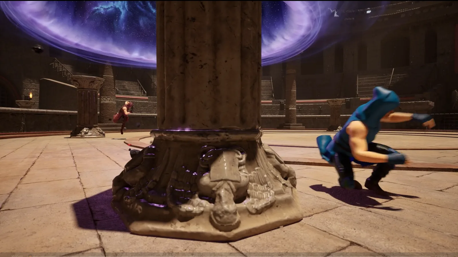 Two sorcerers circle a broken pillar under a swirling violet portal.