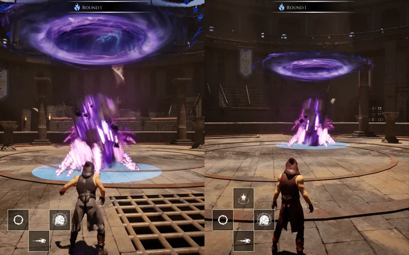 Split screen: a violet spell erupts beneath the arena portal on both sides.
